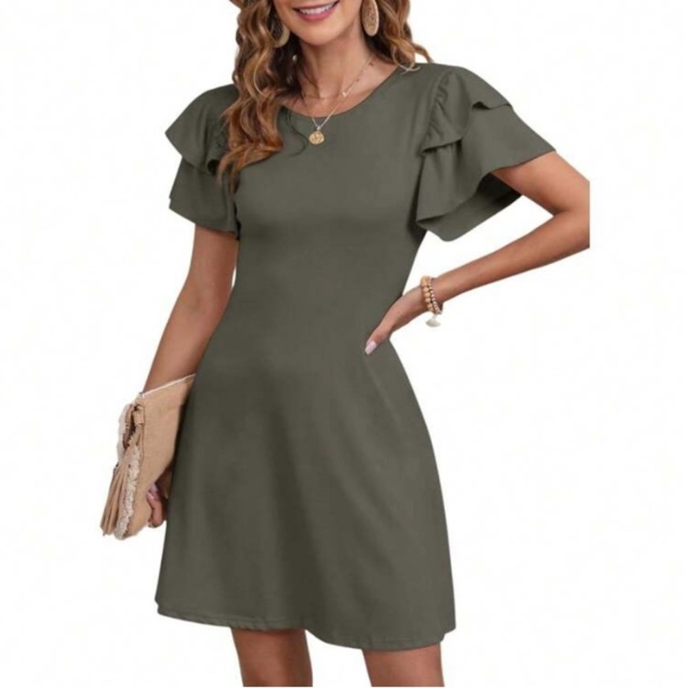 Chic Olive Ruffle Sleeve Mini Dress Woman dress flashiest round neck size XL
